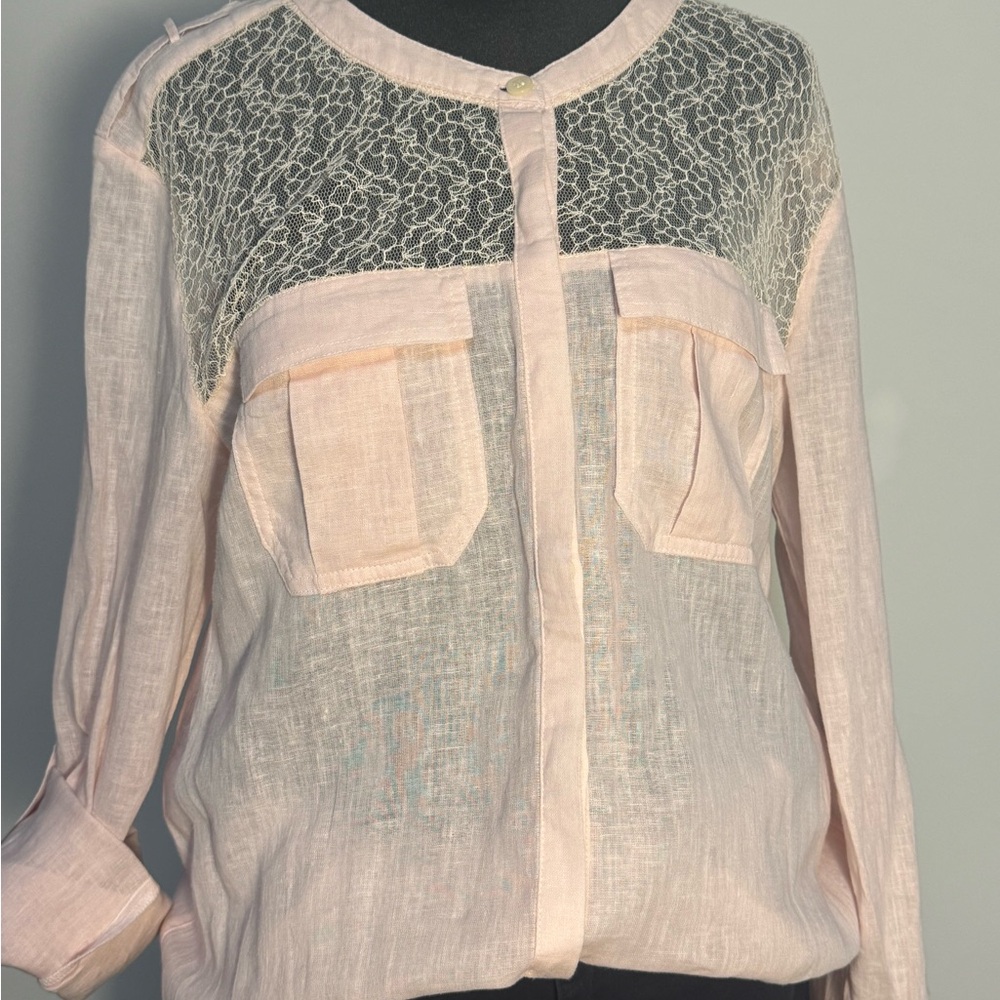 Free People Light Pink Lace Linen Blend Button Down Boho Shirt Size large